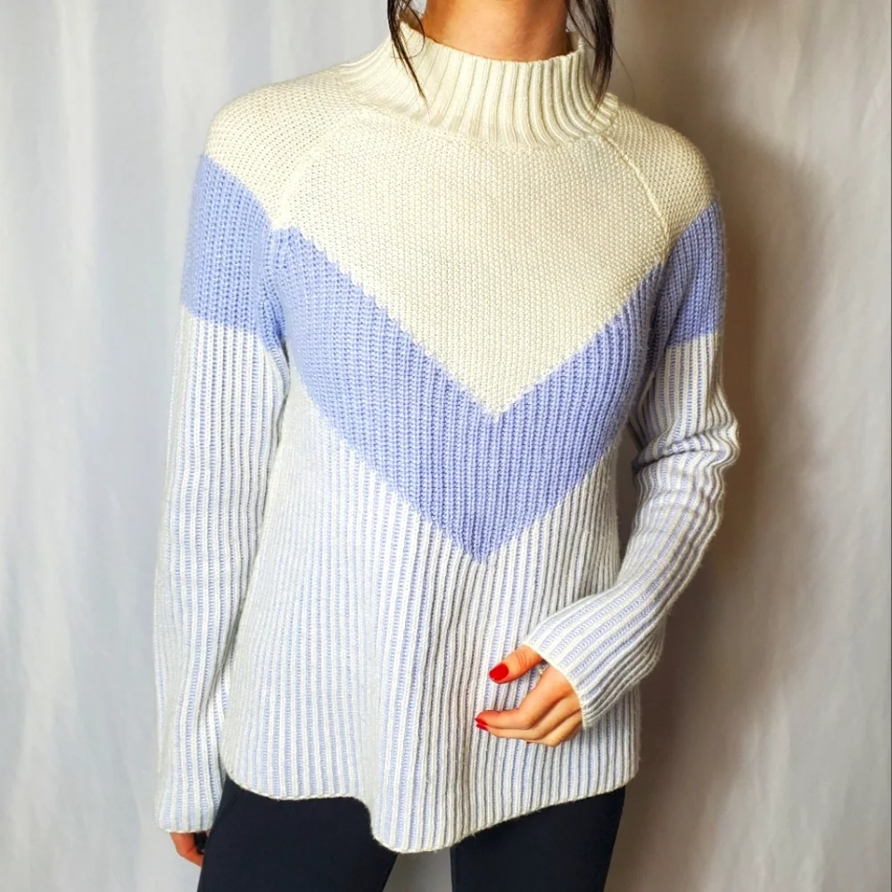 Anthropologie Rue and Willow Cream, Periwinkle Striped Mockneck Cashmere Sweater - Picture 2 of 10